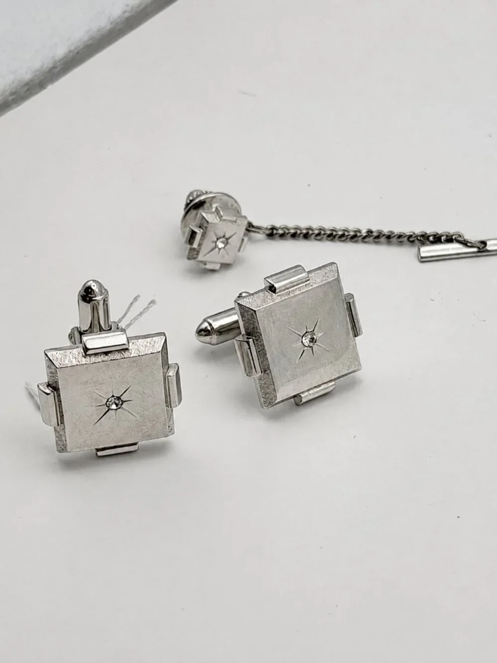 Vintage Silver Cufflinks and Tie Tack Set Starburst Design